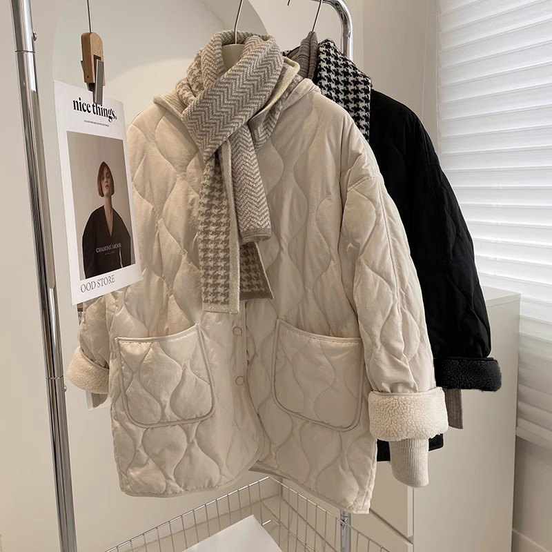Collarless lamb wool splicing thin rhombus plaid winter Korean version loose small fragrant style rhombus pattern warm cotton-padded clothes for women trendy