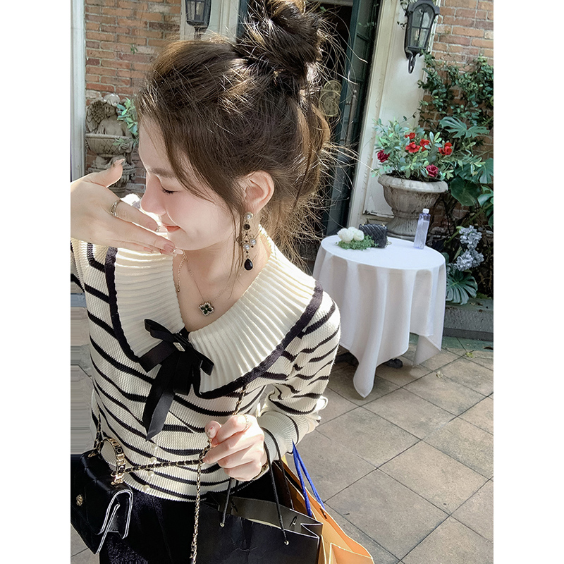 質量 娃娃領針織衫女減齡小香風名媛蝴蝶結秋冬新款條紋上衣