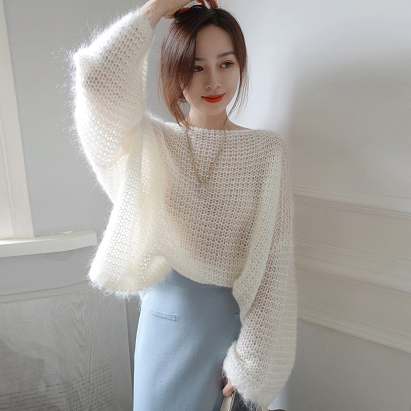小香風白色毛衣女短款一字領秋冬新寬鬆別致小眾慵懶風針織衫上衣
