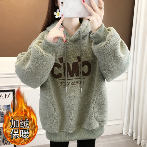 Lamb wool sweatshirt jacket for women 2023 new autumn and winter hooded loose Korean style velvet thickened top