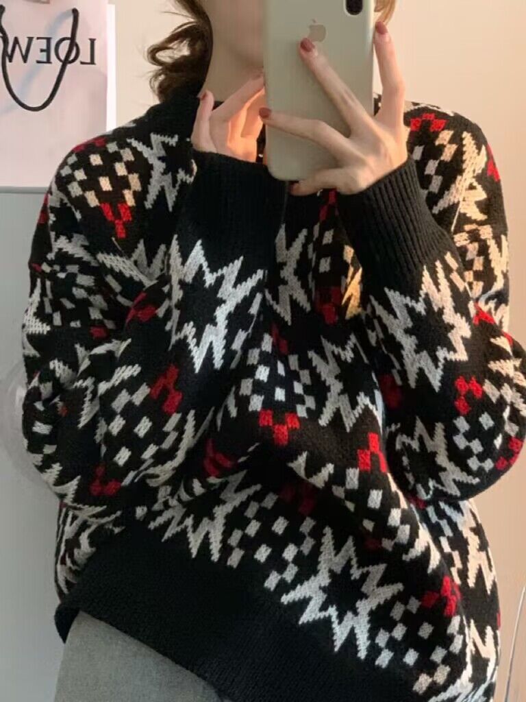 實拍三標齊復古提花撞色寬鬆慵懶圓領套頭毛衣
