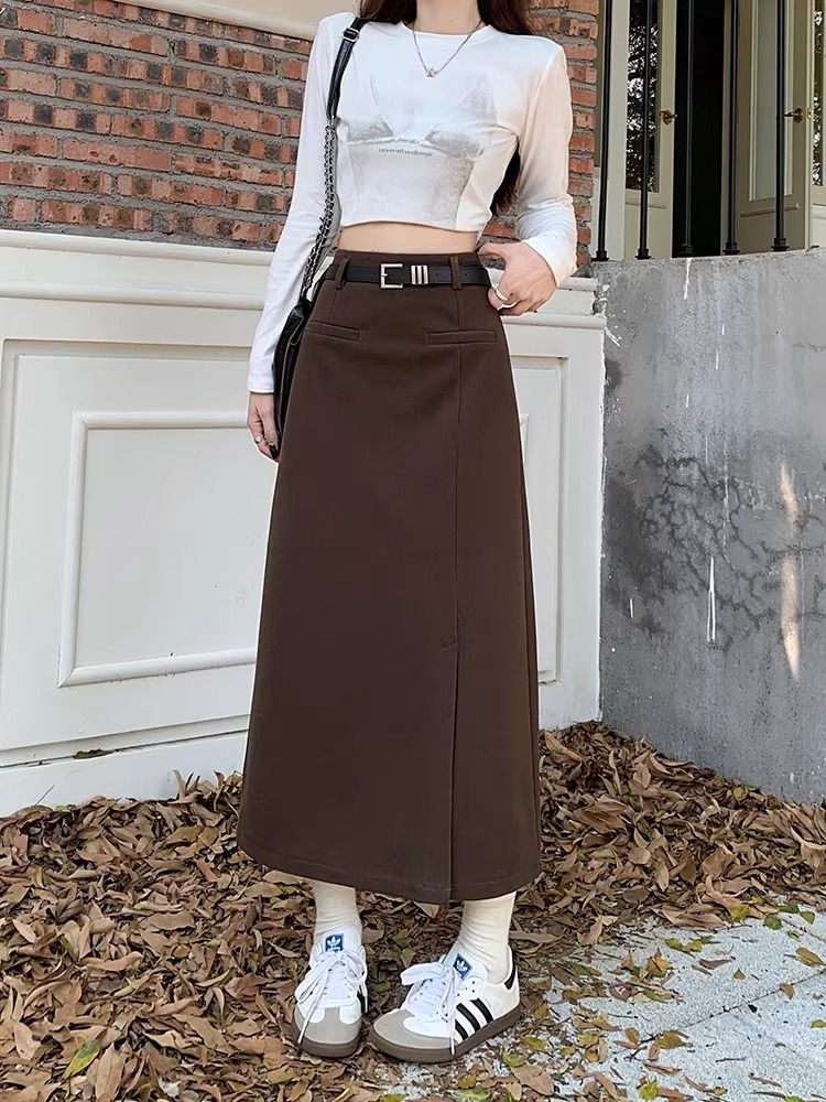 Woolen skirt women's autumn 2023 new retro high-waisted slimming mid-length one-step skirt slit A-line skirt