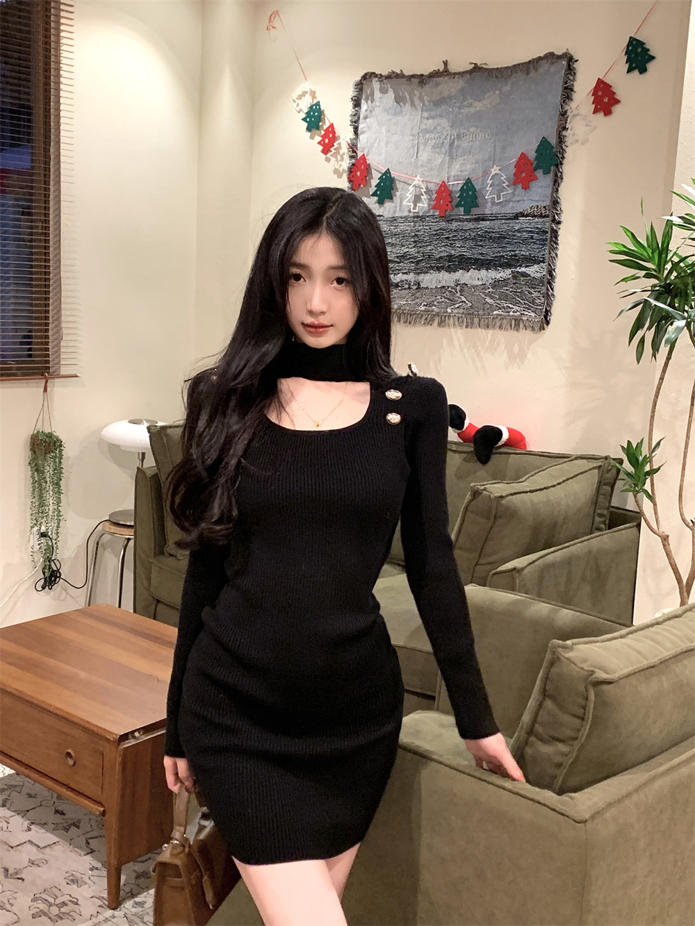 實拍~新款針織女高冷御姐名媛修身包臀毛織長袖連衣裙