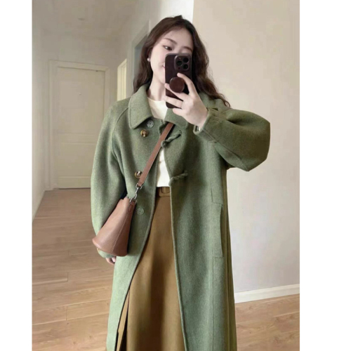  new autumn and winter green Hepburn style design woolen coat mid-length woolen coat for women