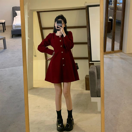 Autumn and winter red Christmas dress 2024 New Year's Eve mini dress waist slimming temperament velvet a-line skirt