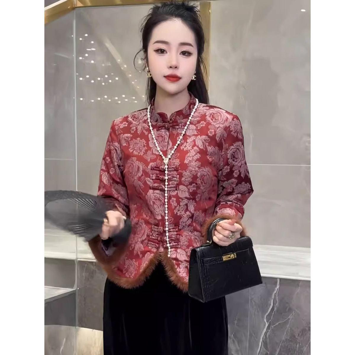 Quality inspector's picture autumn and winter new Chinese style jacquard splicing cotton coat slimming stand collar daily cheongsam top jacket for women