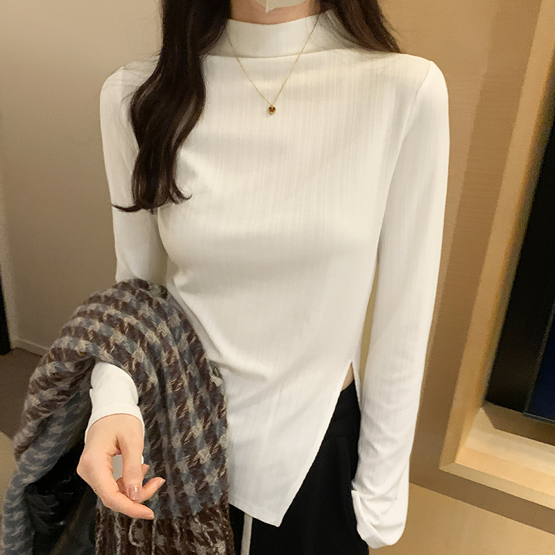 實拍圖純色半高領洋氣下擺開叉喇叭袖T恤女秋冬設計感內搭上衣