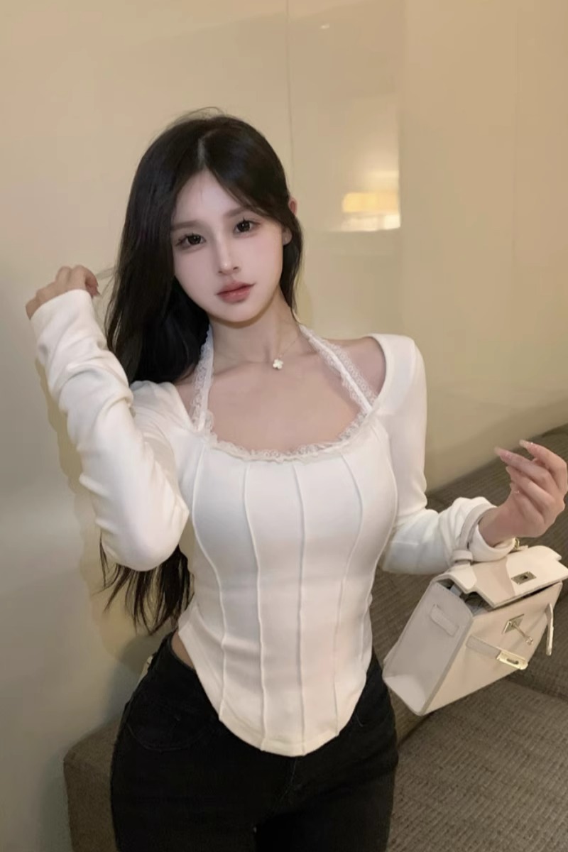 德絨蕾絲打底衫女春秋裝新款設計感小眾掛脖上衣別致百搭長袖T恤