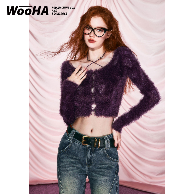 Quality Autumn and winter new furry bottoming shirt purple sweater short purple grape girl niche top