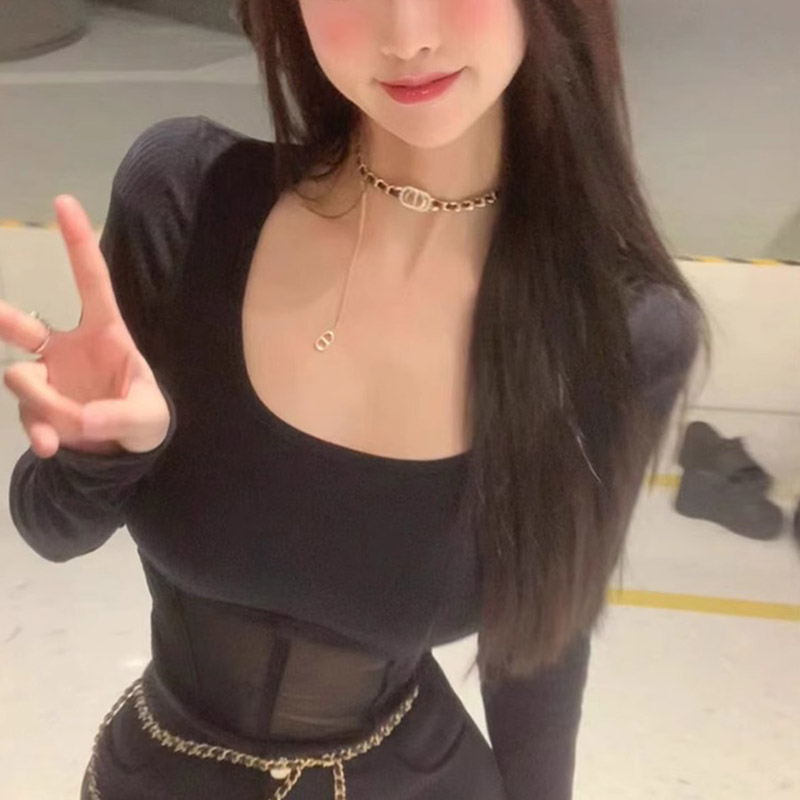 緊身短款上衣半透視網紗拼接方領長袖t恤打底衫女內搭潮