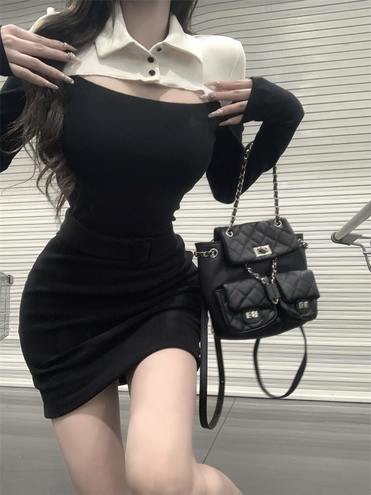 Actual shot of the new autumn and winter polo collar hollow dress paired with a pure lust hip skirt