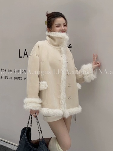 LINA suede splicing fur integrated design splicing hot girl style foreign style imitation fur fur coat