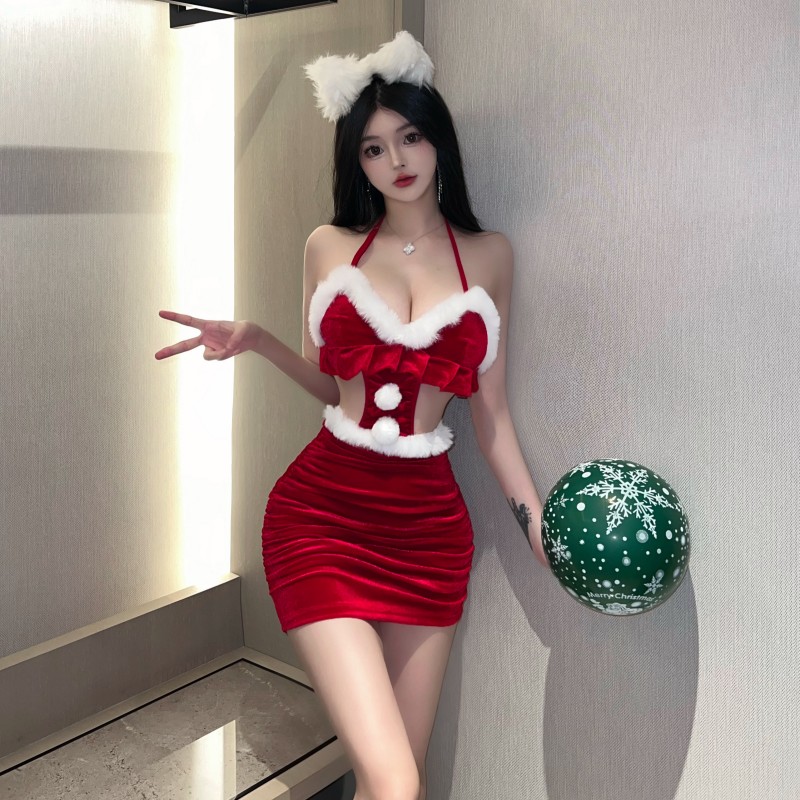 實拍~性感cos紅色拼接聖誕修身包臀露背新年直播女神連衣裙女