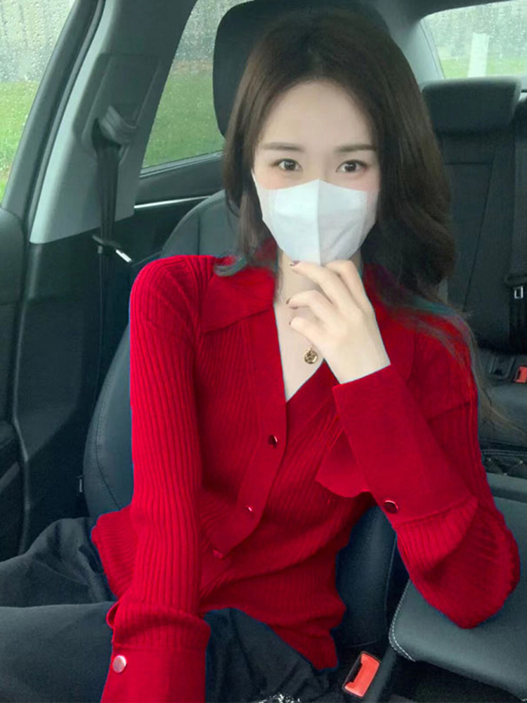 新年紅色翻領針織開衫女秋冬秋季上衣本命年復古內搭修身毛衣外套