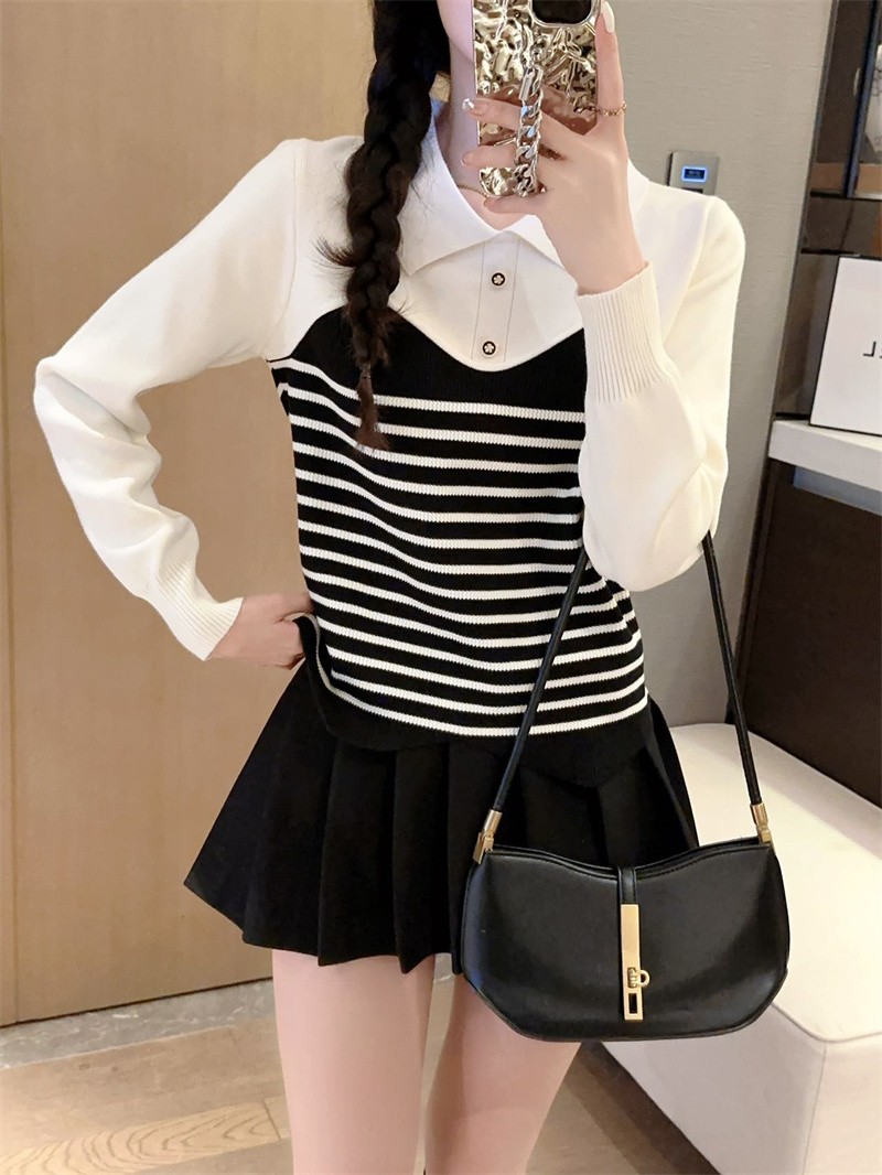 Temperament Polo collar fake two-piece shirt for women with pearl buttons striped slim short long-sleeved sweater with skirt