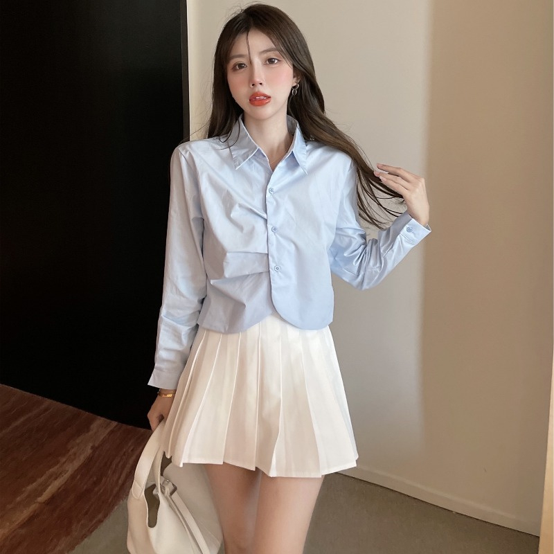 2023 Autumn Design Niche High Waist Short Loose Shirt Women's Long Sleeve White Shirt Chic Top Small Shirt