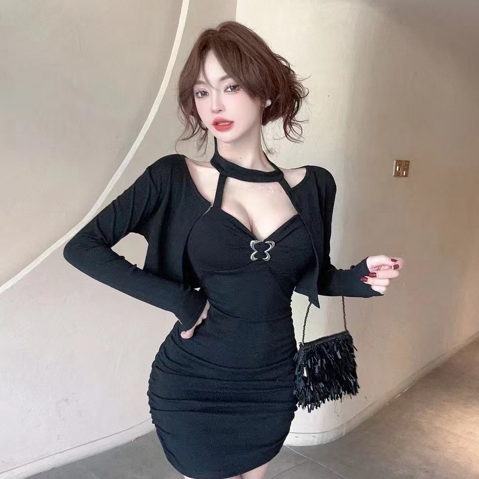 實拍長袖開衫兩件套性感高彈力棉質露背低胸包臀打底連衣裙