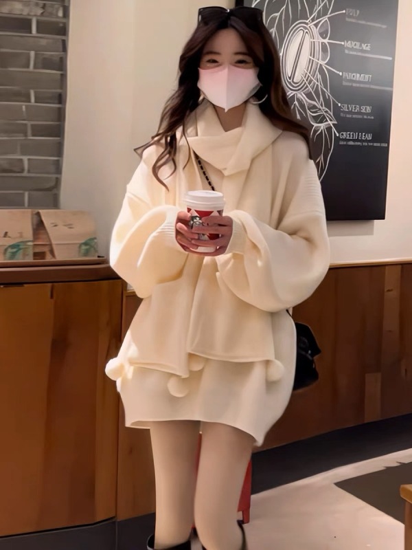 2023秋冬新款新年聖誕款紅色毛衣女中長款圓領送圍巾寬鬆顯瘦上衣