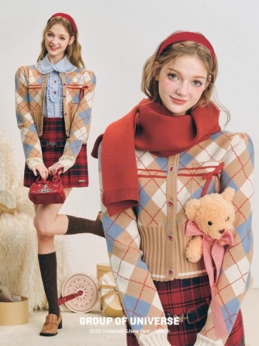 银河万岁 Ruby Knit“圣诞红宝石”菱格针织开衫学院格纹毛衣外套