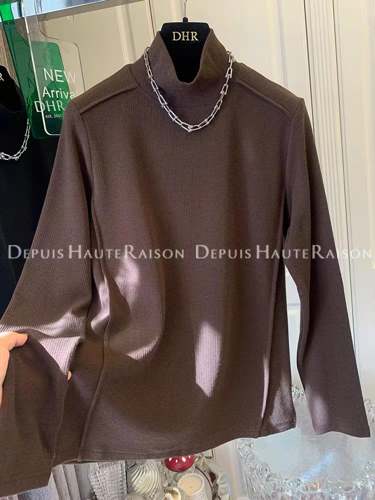 Silk cotton double-sided velvet half turtleneck long-sleeved T-shirt for women in autumn and winter chic niche inner layering top