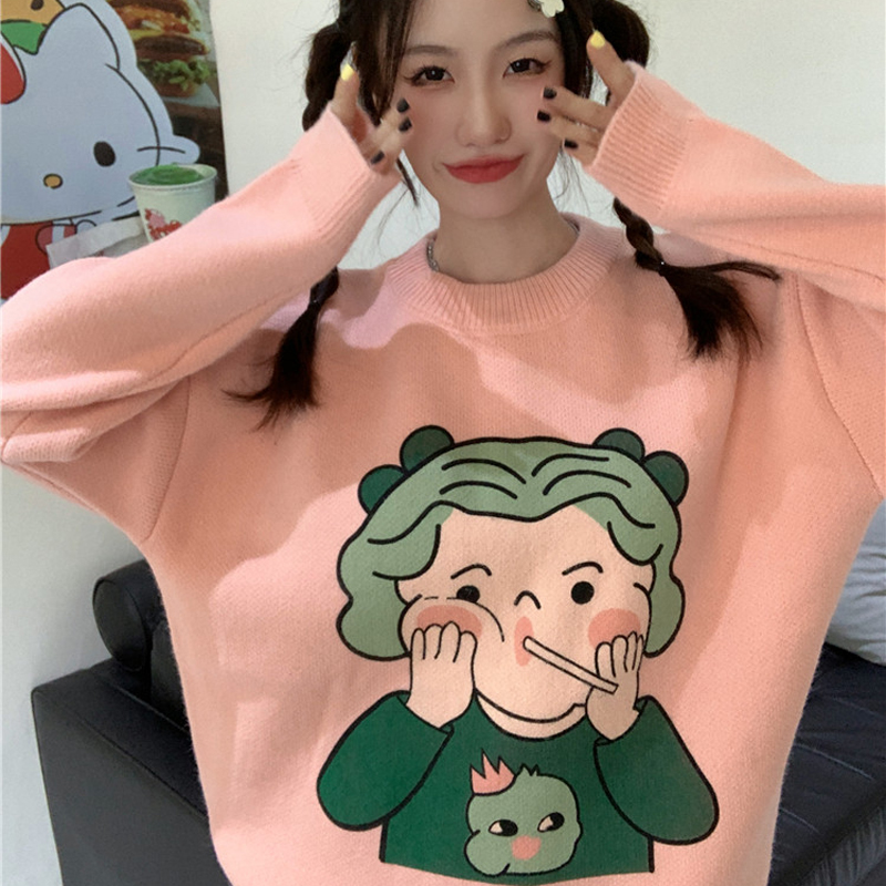 大版加厚綿羊絨高品質甜美趣味卡通印花針織衫中長款慵懶風毛衣