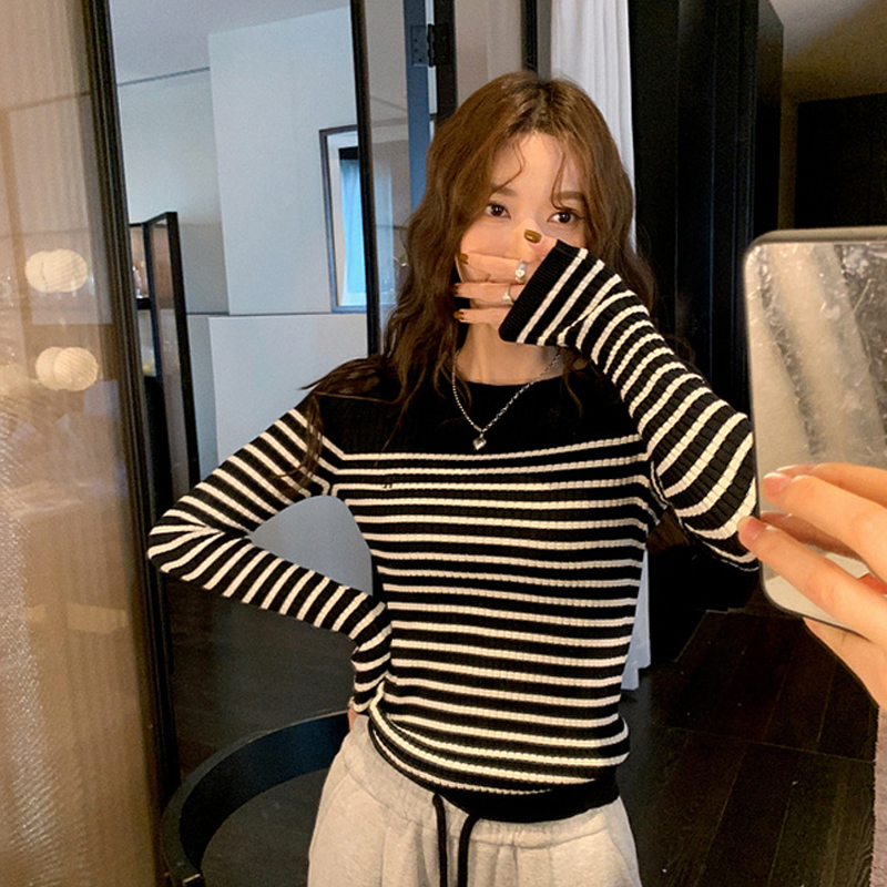 2023 Spring and Autumn Striped Design Letter Embroidered Sweater Women's New Slim Long Sleeve Bottoming Shirt Women's Top