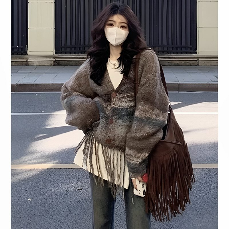 復古條紋扎染流蘇針織開衫女春秋新款慵懶獨特上衣馬海毛毛衣外套