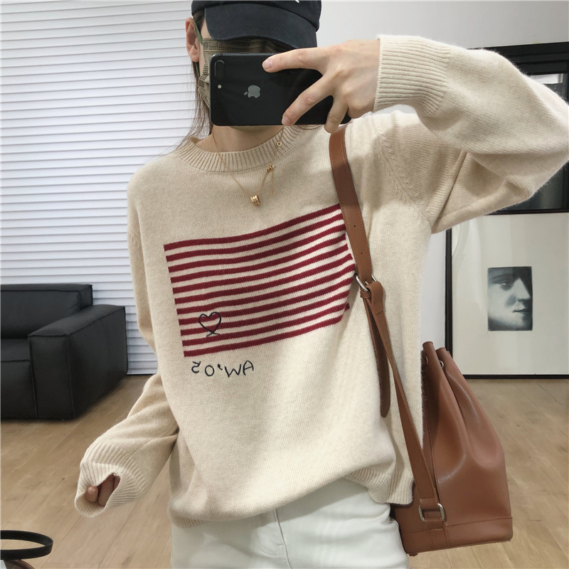 牛貨bi入春秋厚實羊絨手感撞色條紋提花圓領套頭打底針織衫毛衣女