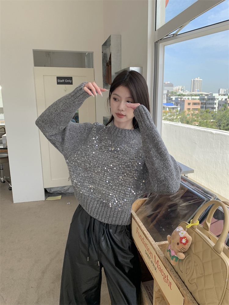 Real shot!  Round neck loose sequin decorated sweater women's lazy style thick versatile long-sleeved knitted top