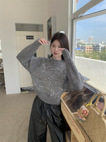 Real shot!  Round neck loose sequin decorated sweater women's lazy style thick versatile long-sleeved knitted top