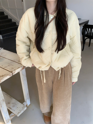 Real shot!  High-end lapel cotton jacket with rhombus drawstring + slimming wide-leg straight pants