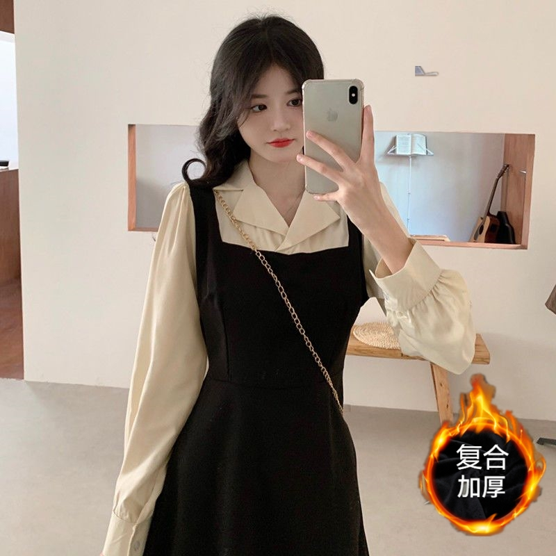 秋冬新款大碼假兩件背帶長袖連衣裙女加絨加厚赫本風胖妹妹初戀裙