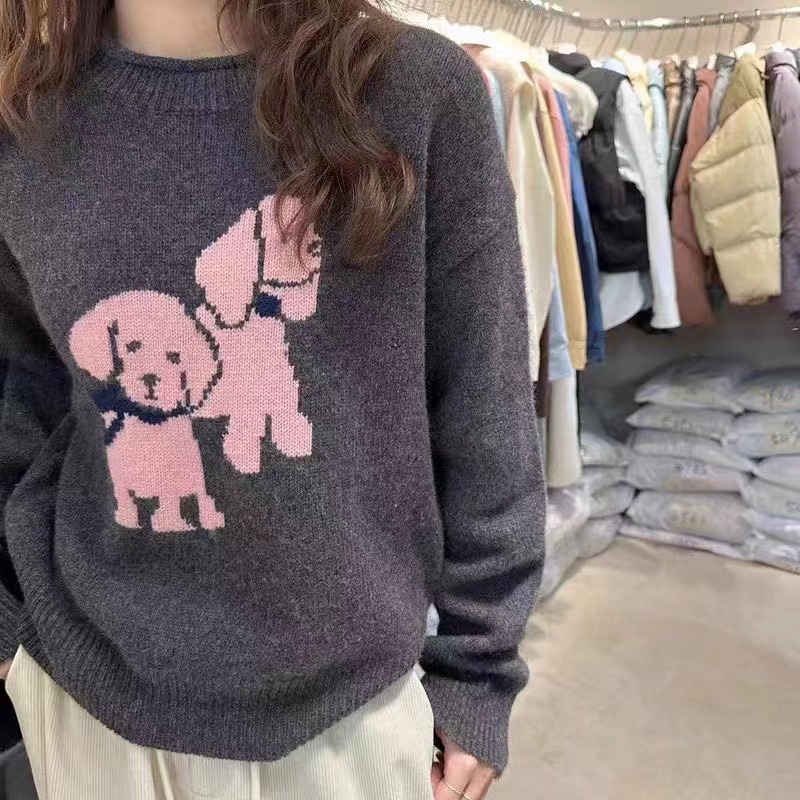 Eye-catching cute DOG cartoon woven round neck loose pullover sweater, casual and versatile for women