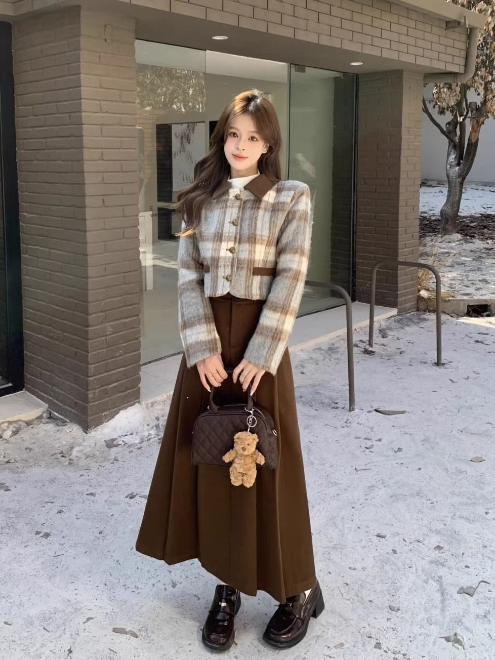 Maillard high-end thickened plaid long-sleeved woolen jacket pleated skirt women's autumn and winter 2023 new suit