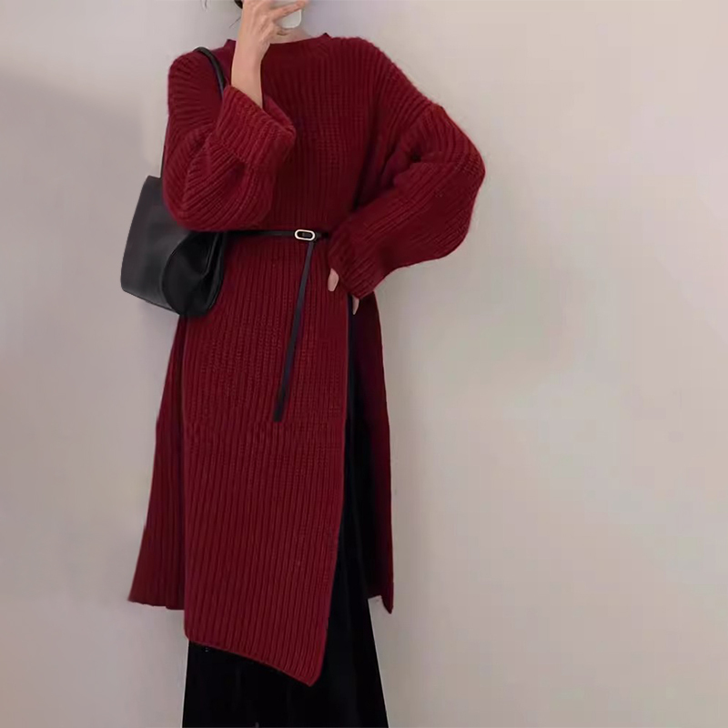 聖誕節服裝穿搭戰袍紅色針織連衣裙子女秋冬2023新款中長款毛衣裙