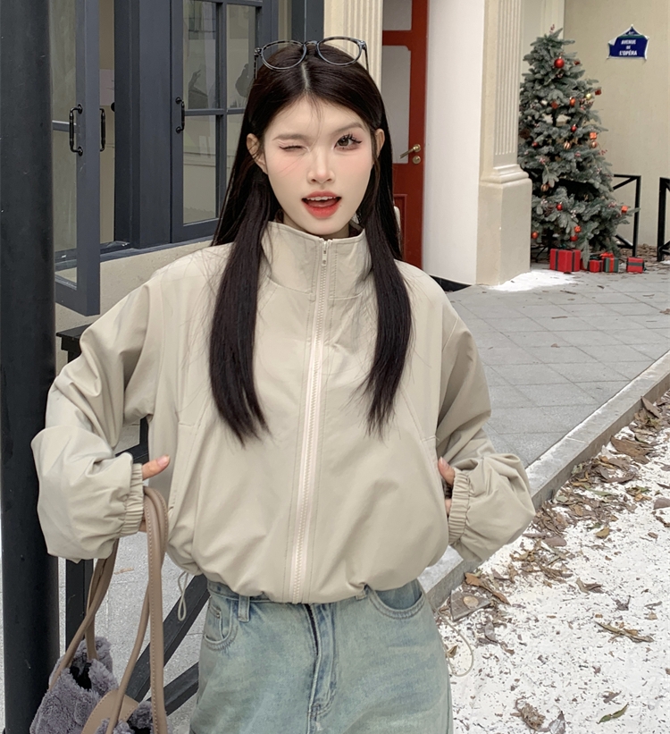 Actual shot of 2023 new autumn casual loose solid color stand-up collar jacket short jacket for women