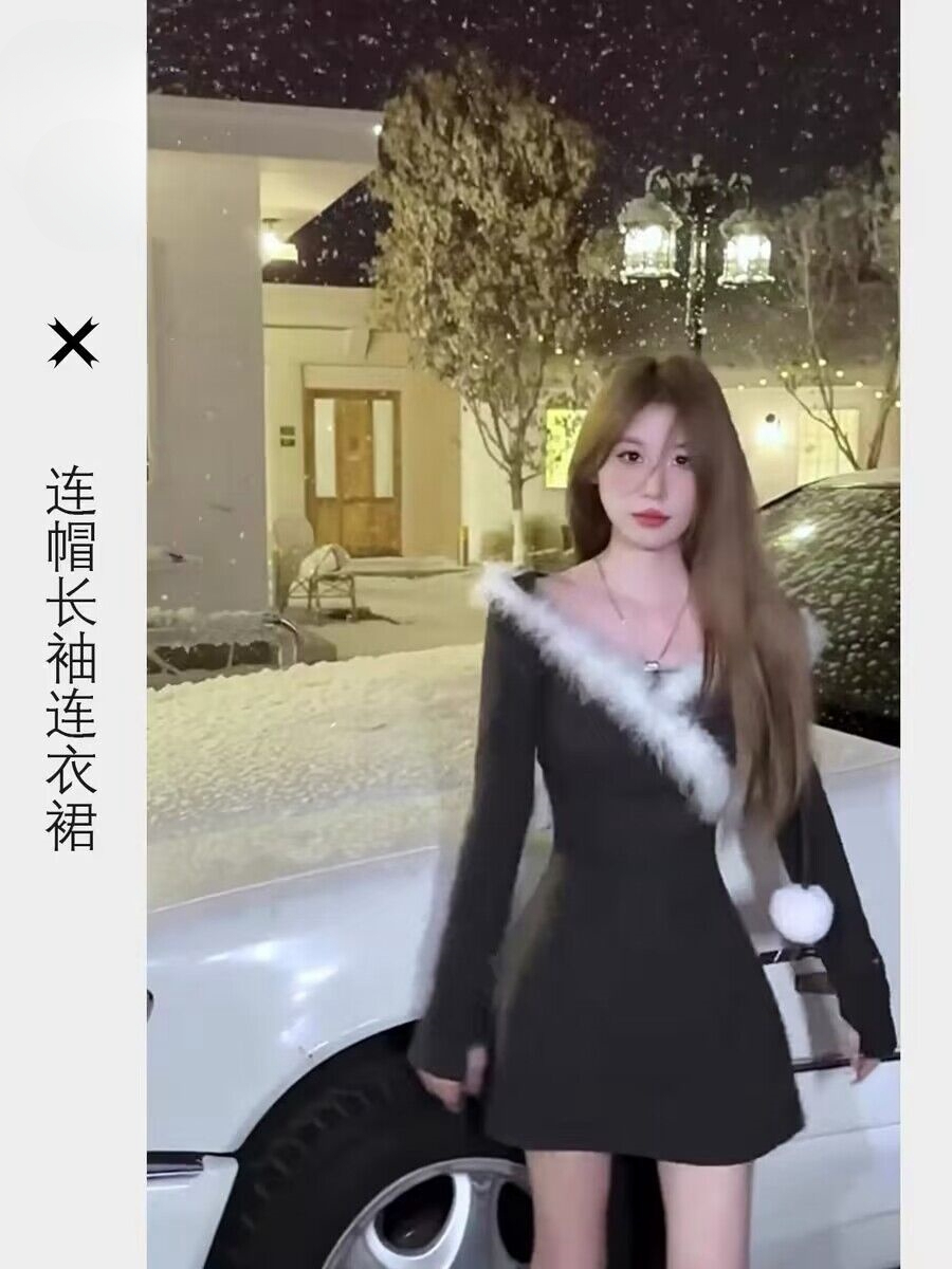純欲長袖連帽連衣裙女秋冬毛毛拼接裙子甜辣氣質小個子收腰短裙潮