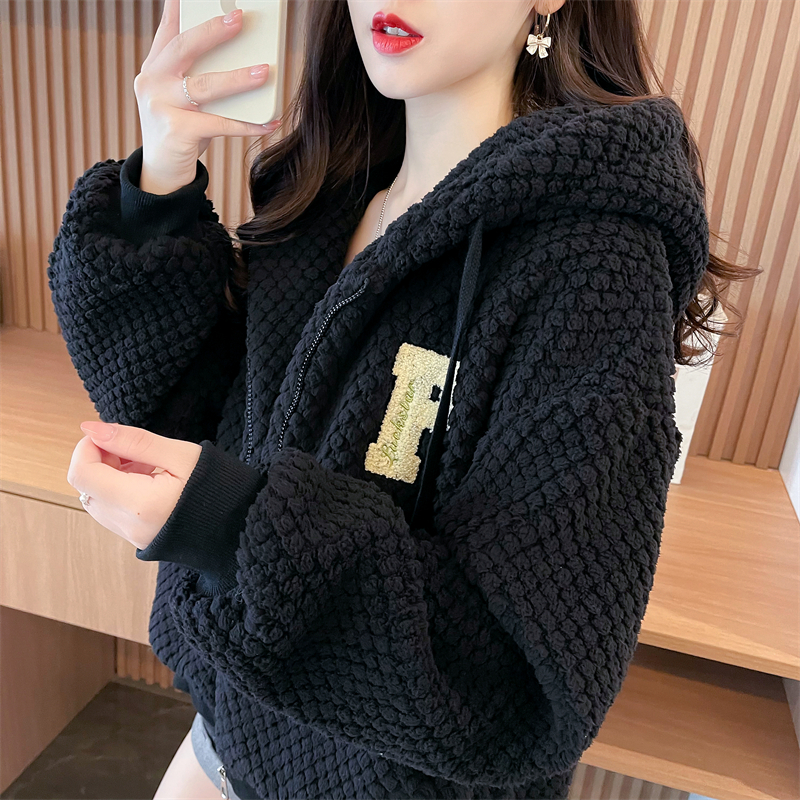 Real shot double-sided velvet zipper jacket 2023 new Korean style letter large size casual loose jacket trendy women