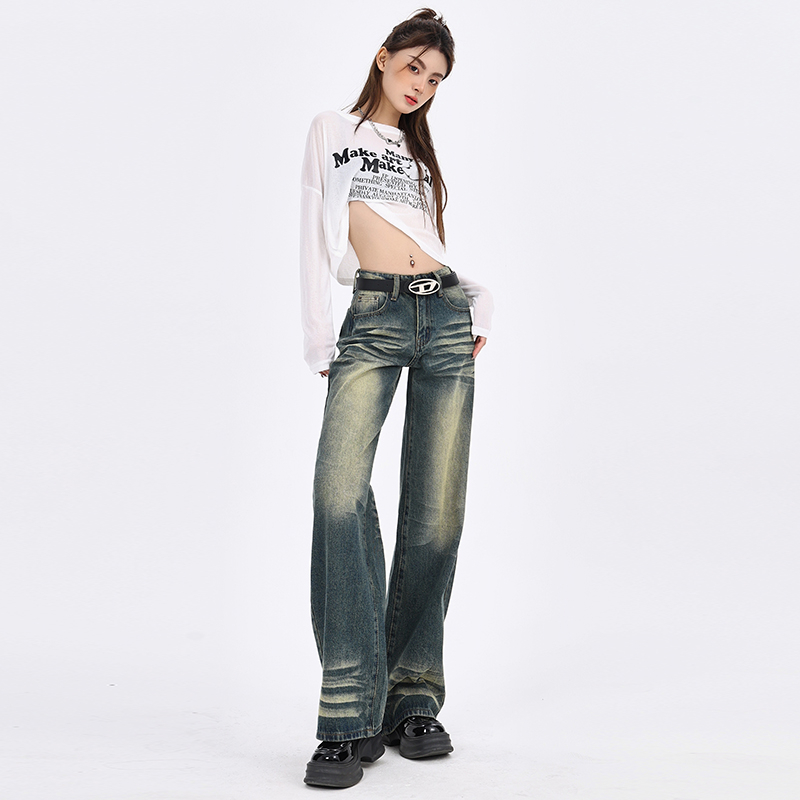 實拍2024早春新款做舊寬鬆闊腿褲直筒牛仔褲女