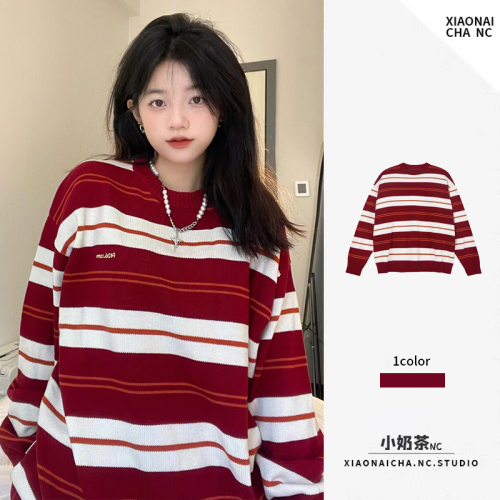 Spring and autumn new style Japanese lazy retro red and white striped design pullover sweater for women loose