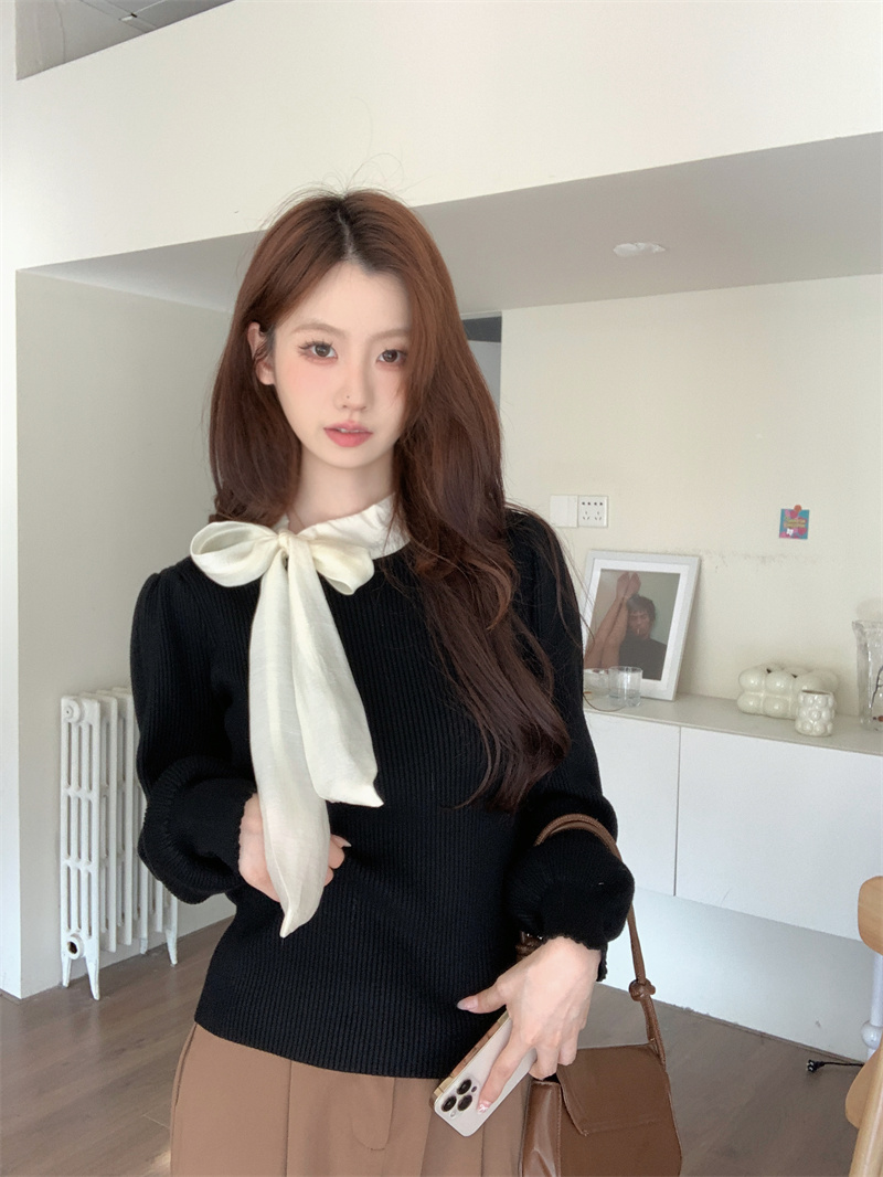 實拍 設計感系帶蝴蝶結加厚針織衫毛衣秋冬打底衫氣質上衣