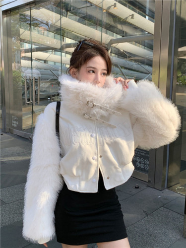 Real shot ~ Eco-friendly fur one-piece heavy-duty embroidered splicing fur winter warm cotton white short jacket