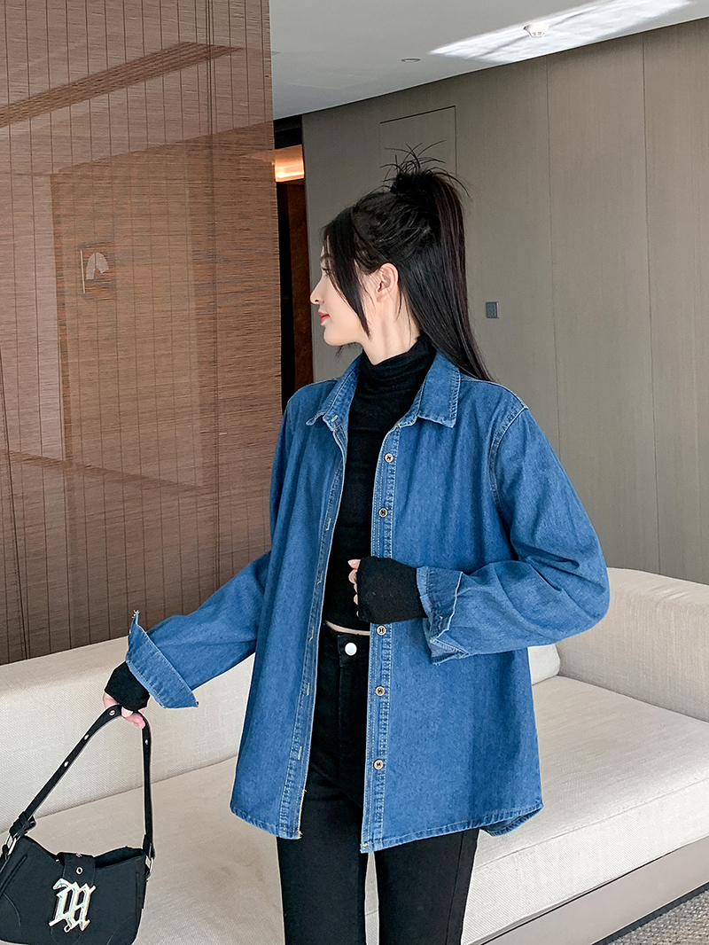 實拍~復古牛仔襯衫女寬鬆設計感小眾上衣疊穿長袖襯衣外套潮