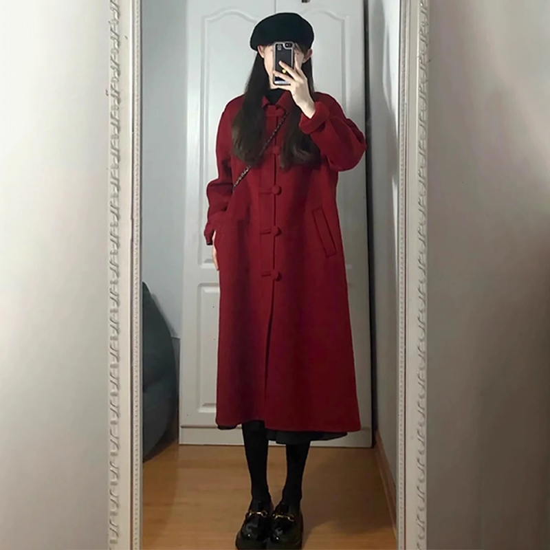 Red coat women's autumn and winter high-end 2023 new Hepburn style small mid-length woolen coat
