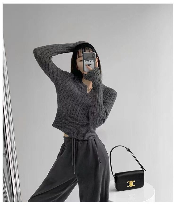 Zhang Xiaonan NANNAN retro slim waist pitted sweater women's early spring small V-neck long-sleeved sweater bottoming shirt