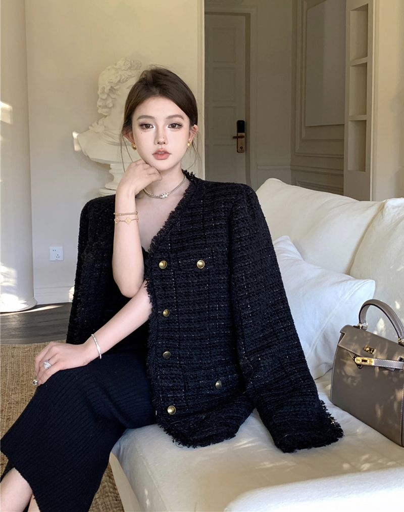 Real shot of small fragrant style tassel tweed retro versatile down-lined jacket for women