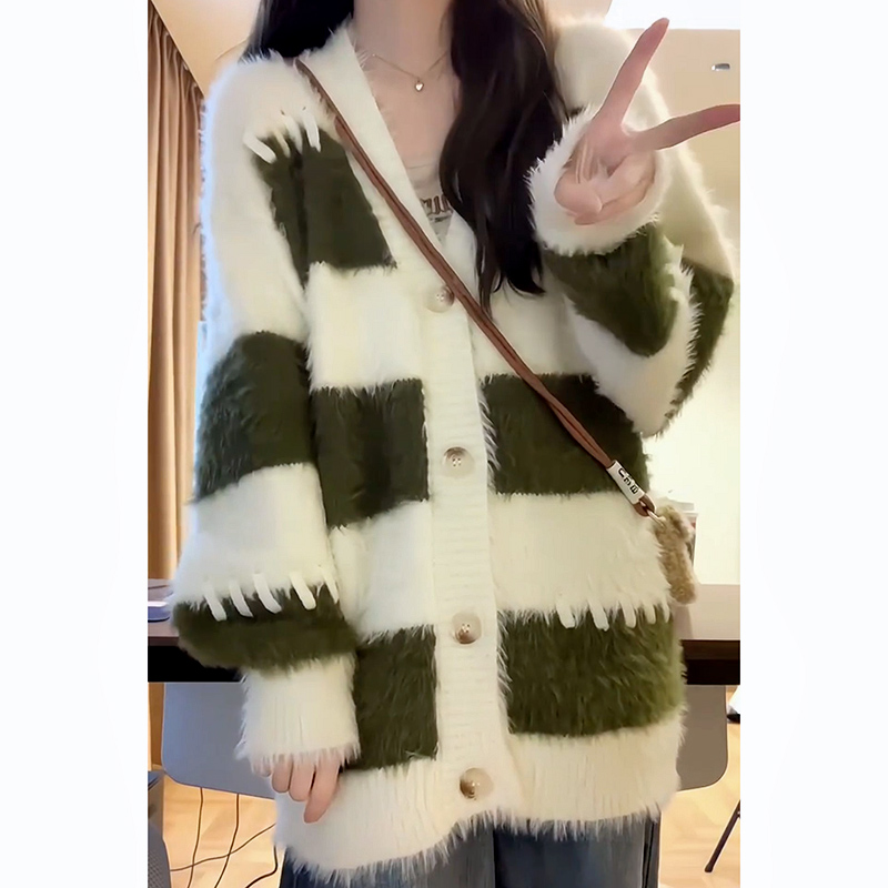 oversize！水貂絨條紋撞色開衫毛衣女秋冬韓版寬鬆加厚針織衫外套
