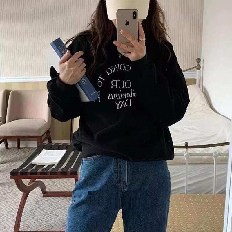 秋冬設計感小眾字母印花寬鬆百搭圓領加絨厚衛衣女內搭上衣學院風
