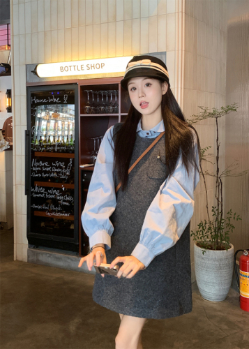 Actual shot of autumn and winter Korean chic simple gray toned nylon vest skirt + versatile shirt