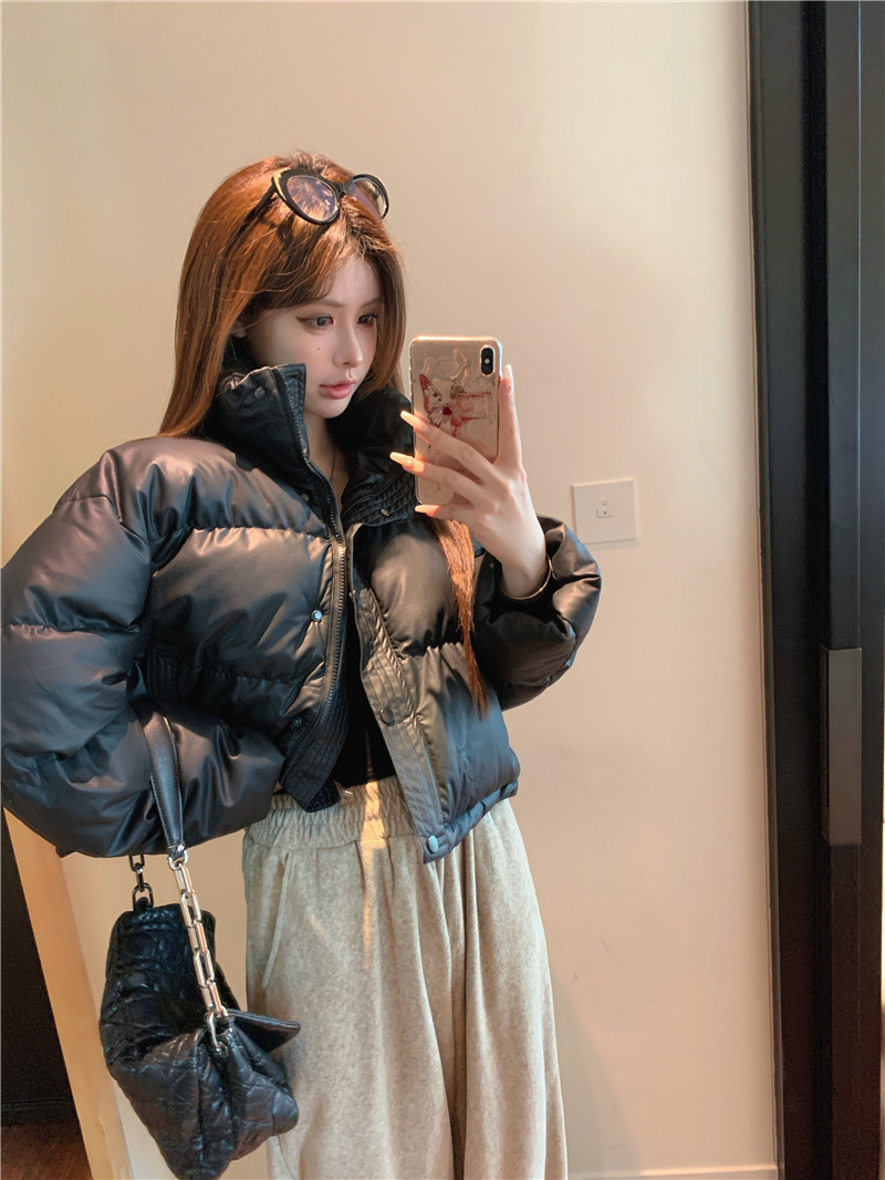 Actual shot ~ no-wash pu leather down jacket 2023 loose thickened short bread jacket trendy short jacket for small people